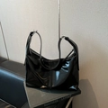 Minimalist black patent leather hobo bag with high gloss finish and adjustable strap - Black without Pendant
