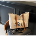 Cream canvas tote bag with brown faux leather straps and vintage embroidery - Khaki
