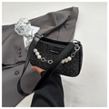 Black sequin shoulder bag with leather strap and pearl flower chain detail - Black