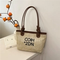 Woven straw tote bag with black letter print and brown leather handles for summer beach - COIH 2DN Embroidered Style (Coffee) / Coffee