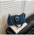 Vintage dark blue denim crossbody bag with gold buckle and adjustable chain strap - Dark Blue