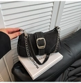 Women's black denim underarm bag with contrast stitching and silver chain strap - Black