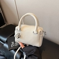 Chic white lychee grain Boston handbag with silver hardware and ball pendant charm - Beige (With Charm)