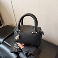 Mini black Boston handbag in litchi grain leather with silver ball charm and shoulder strap - Black (with Pendant)