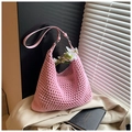 Chic pink crochet mesh woven tote bag with adjustable pink leather shoulder strap - Pink