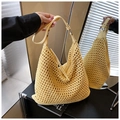 Handmade yellow knit hollow hobo beach bag with leather strap and silver metal rings - Yellow