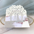 Detail of silver glitter wedding invitation with laser cut arch on elegant glass plate - Silver Glitter