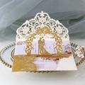 Detailed laser-cut wedding invitation with glitter gold arch and 3D couple silhouette - Glitter Golden Yellow