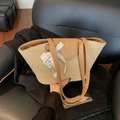 Handmade straw tote bag in beige with dark brown leather straps and a lace bow charm - With Charm / Khaki