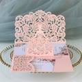 Elegant laser-cut wedding invitation set in pink with lace-style floral bride silhouette - Light Pink