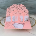 Detailed 3D laser-cut pink wedding invitation set with rose hollow and floral RSVP cards - Pink