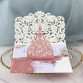 Laser-cut floral wedding invitation with pink glitter girl silhouette and inner card - Glitter Pink