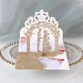 Elegant laser cut wedding invitation with golden glitter arch and couple silhouette - Light Gold Glitter