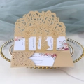 Invito matrimonio 3D intagliato al laser in oro champagne con pizzo e sagoma sposi - Beige Oro