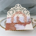 3D Pop-up wedding invitation with laser-cut rose gold rose cover and kissing couple - Glitter Champagne Gold
