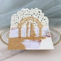 Golden laser cut pop-up rose wedding invitation set with glitter finish on marble background - Glitter Golden Yellow