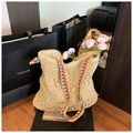 Beige woven straw tote bag with colorful geometric strap and hollow crochet pattern - Beige Rainbow Stitching Style