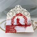 3D pop-up wedding invitation featuring laser-cut red glitter arch and couple silhouette - Glitter Red