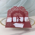 Elegant laser-cut 3D pop-up wedding invitation in wine red with lace floral details - Dark Red