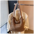 Brown woven hobo straw bag featuring a vibrant ethnic style multi-color geometric strap - Style 1 Khaki