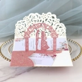 Elegant 3D laser cut wedding invitation card featuring pink glitter arch and rose patterns - Glitter Pink
