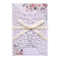 Elegant laser cut wedding invitation with floral inner card and cream satin ribbon - White