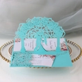 Detailed laser-cut Tiffany blue 3D wedding invitation with floral arch and couple silhouette - Teal Blue