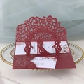 Elegant 3D laser-cut wedding invitation featuring a romantic couple and rose pattern - Dark Red