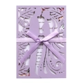 Λεβάντα προσκλητήριο γάμου laser cut με φιόγκο και ρομαντικές σιλουέτες λουλουδιών - Λιλά