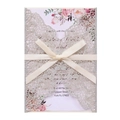 Silberglitzer Laser-Hochzeitseinladungskarte mit elfenbeinfarbener Schleife und Blumen - Silber Glitzer