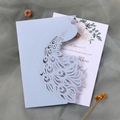 Laser cut peacock wedding invitation in light blue with floral inner card and lace envelope - Fog Blue