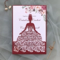 Burgundy laser cut wedding invitation with rose bride silhouette on grey tulle backdrop - Burgundy