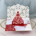 Red laser-cut pop-up wedding invitation featuring a glitter bride silhouette on tray - Glitter Red