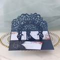 3D pop-up wedding invitation featuring navy laser-cut cover and floral arch paper art - Magic Blue