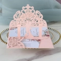 Pink laser-cut 3D wedding invitation card with lace pattern and heart arch silhouette - Light Pink