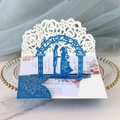 Close-up of laser cut 3D rose wedding card with glitter details on a glass tray - Glitter Royal Blue