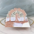 Detail of rose gold glitter 3D pop-up wedding invitation with laser-cut floral arch and couple - Glitter Champagne Gold