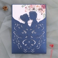 Laser cut navy blue glitter wedding invitation featuring an elegant couple silhouette detail - Magic Blue