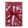 Laser cut burgundy wedding invitation card with elegant couple silhouette and silk ribbon - Dark Red