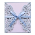 Light blue laser cut wedding invitation card with elegant floral patterns and silk ribbon bow - Fog Blue