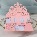 Detail of 3D pop-up wedding invitation featuring laser-cut heart arch and couple - Pink