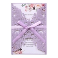 Detail of light purple laser cut lace wedding card with satin ribbon bow and floral insert - Lilac Purple