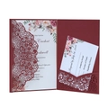 Elegant burgundy laser-cut lace wedding invitation set with floral inner cards - Dark Red