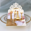 3D laser cut wedding invitation with white hollow base and gold silhouette of a couple - Reflective Gold
