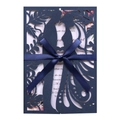 Dark blue laser cut wedding invitation with romantic silhouette and silk ribbon bow - Magic Blue
