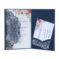 Detailed laser-cut navy blue wedding invitation set with floral inner card and RSVP card - Magic Blue
