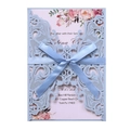 Laser cut light blue wedding invitation with pink floral insert and silk ribbon bow - Fog Blue