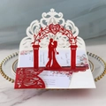 Elegant 3D laser-cut wedding invitation featuring red glitter arch and floral insert - Glitter Red