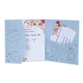 Detail of laser-cut sky blue wedding invitation set with floral printed inner cards - Fog Blue