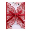 Red glitter laser-cut lace wedding invitation with butterfly cutout and red satin bow - Glitter Red